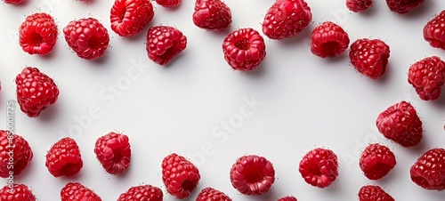 Raspberries fruit on white background with empty space in center