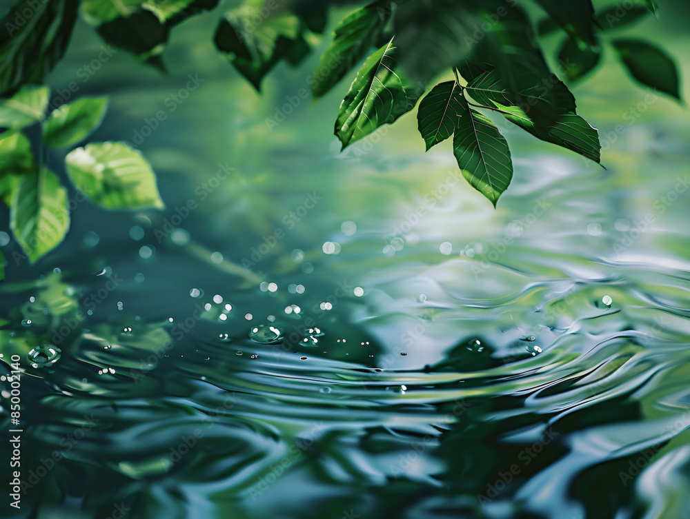 Green leaves over calm water with copy space text for nature, peace, or serenity Green leaves over calm water with copy space text for nature, peace, or serenity