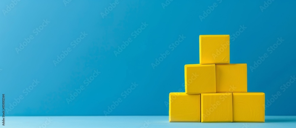 yellow wooden blocks as a pyramid on blue background. Success, growth, win, victory, development or top ranking concept yellow wooden blocks as a pyramid on blue background. Success, growth, win, victory, development or top ranking concept