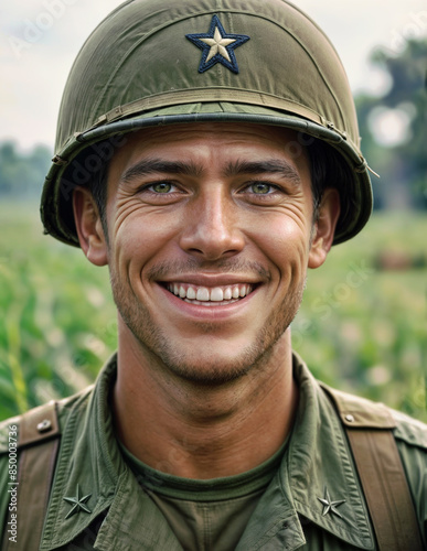 Close-up portrait of a smiling american soldier during vietnam war - Generative AI photo