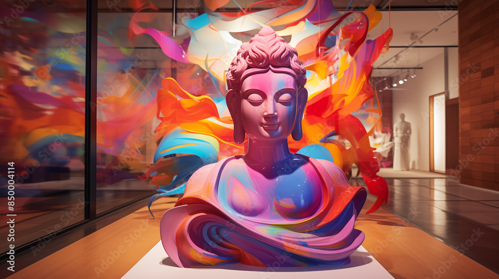 Obraz premium Modern Art Installation of Bodhisattva with Abstract Shapes