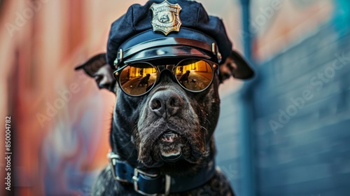 funny dressed animal portrait neon outfit vibrant wide angle cool police dog © Corina