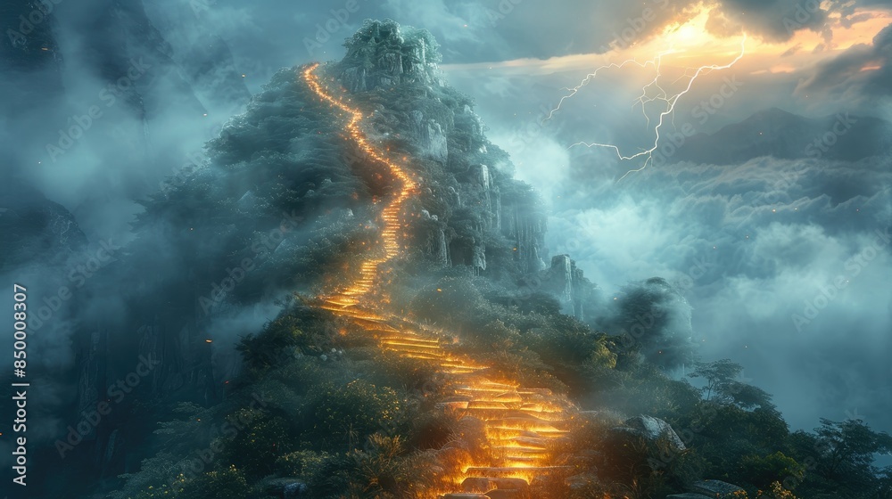 Fototapeta premium Pathway to the mountain Peak of natural, Illuminated path to success