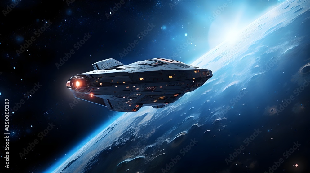 Obraz premium Futuristic Spaceship Navigating Through Asteroid Field Towards Distant Galaxy