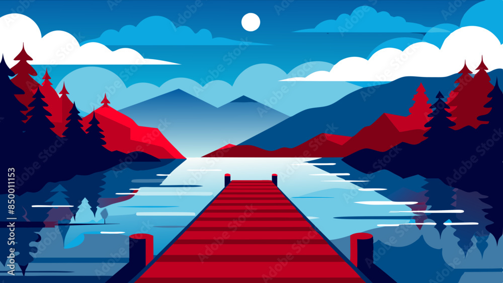 Naklejka premium A serene lake scene showcases a wooden dock, complemented by breathtaking mountains in the background.