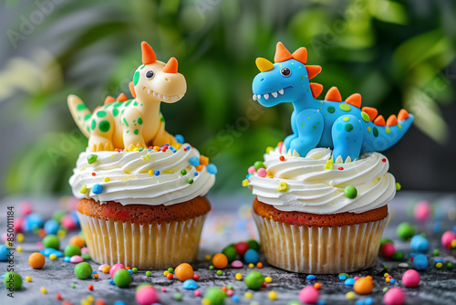 Fototapeta Naklejka Na Ścianę i Meble -  cute adorable dinosaur birthday cakes, cupcakes, candy, topped with fondant dinosaurs, vibrant green bokeh background