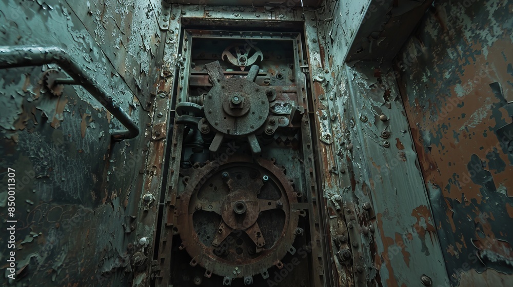 A dilapidated elevator shaft in a forsaken building, with peeling paint, corroded gears, and a sense of forgotten history A dilapidated elevator shaft in a forsaken building, with peeling paint, corroded gears, and a sense of forgotten history