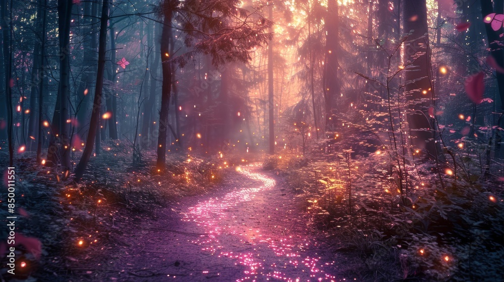A magical path in an enchanted forest, illuminated by glowing pink fireflies, moonlit and sparkling, warm light enhancing the serene and mystical atmosphere A magical path in an enchanted forest, illuminated by glowing pink fireflies, moonlit and sparkling, warm light enhancing the serene and mystical atmosphere