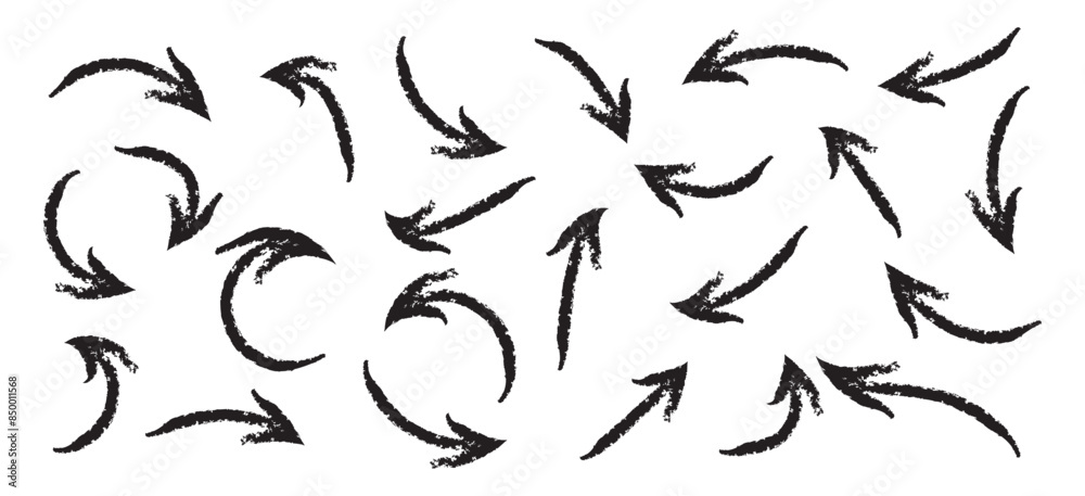 Set of abstract hand drawn arrows different direction and points. Isolated collection on a white background. Bold paint object for use in your design. Vector doodle black arrows icons. Brush stroke. Set of abstract hand drawn arrows different direction and points. Isolated collection on a white background. Bold paint object for use in your design. Vector doodle black arrows icons. Brush stroke.