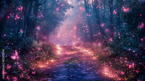 A magical path in an enchanted forest, illuminated by glowing pink fireflies, moonlit and sparkling, warm light enhancing the serene and mystical atmosphere © Alpha