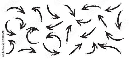Set of abstract hand drawn arrows different direction and points. Isolated collection on a white background. Bold paint object for use in your design. Vector doodle black arrows icons. Brush stroke.