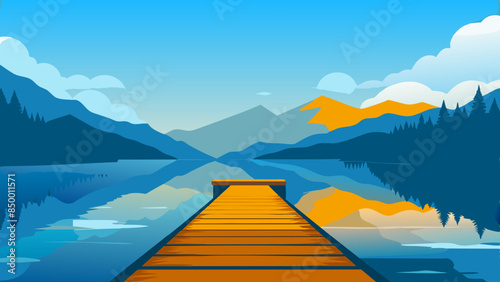 The wooden dock reaches out into the lake, providing a stunning backdrop of towering mountains.