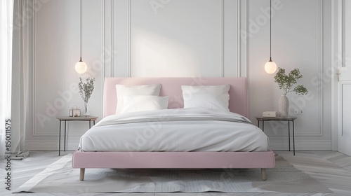 A minimal white bedroom with a pink girls bed, two modern lamps on bedside tables, clean and simple design, soft lighting, and uncluttered space