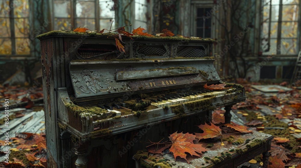 Abandoned house scene with a moss-infested piano, fallen leaves scattered around, a poignant mix of beauty and abandonment Abandoned house scene with a moss-infested piano, fallen leaves scattered around, a poignant mix of beauty and abandonment