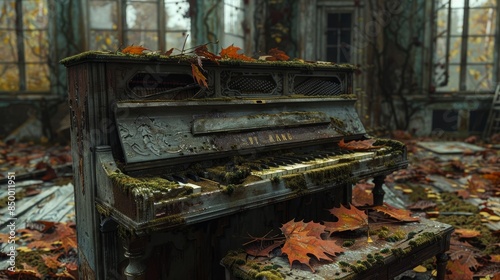 Abandoned house scene with a moss-infested piano, fallen leaves scattered around, a poignant mix of beauty and abandonment