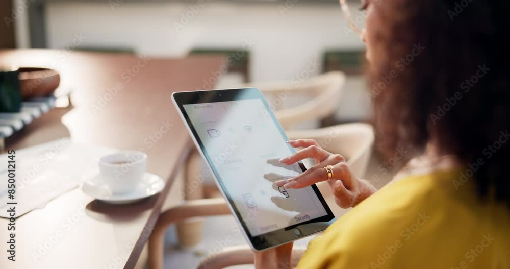 Home, tablet and woman with scroll on screen for user experience, option and digital application. Hand, person and settings with menu on tech for software, multimedia search and internet connection