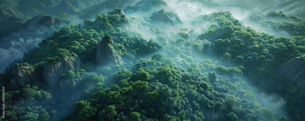 Majestic aerial view of lush mountain ranges covered in dense fog, capturing the serene beauty of nature and offering a sense of tranquility. Majestic aerial view of lush mountain ranges covered in dense fog, capturing the serene beauty of nature and offering a sense of tranquility.