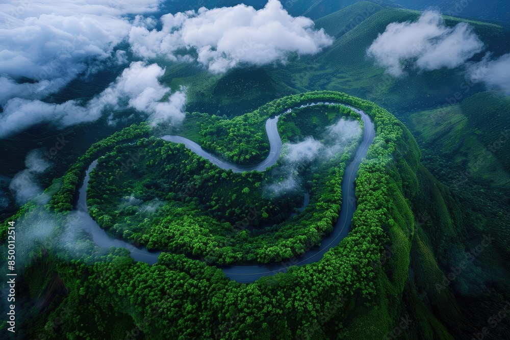 Aerial view of a lush green forest surrounding a winding river in a cloud-covered valley, forming a heart shape in the landscape. Aerial view of a lush green forest surrounding a winding river in a cloud-covered valley, forming a heart shape in the landscape.