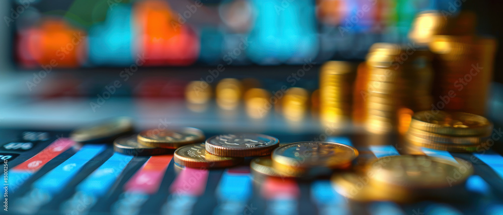 A pile of gold coins and a graph with numbers on it A pile of gold coins and a graph with numbers on it