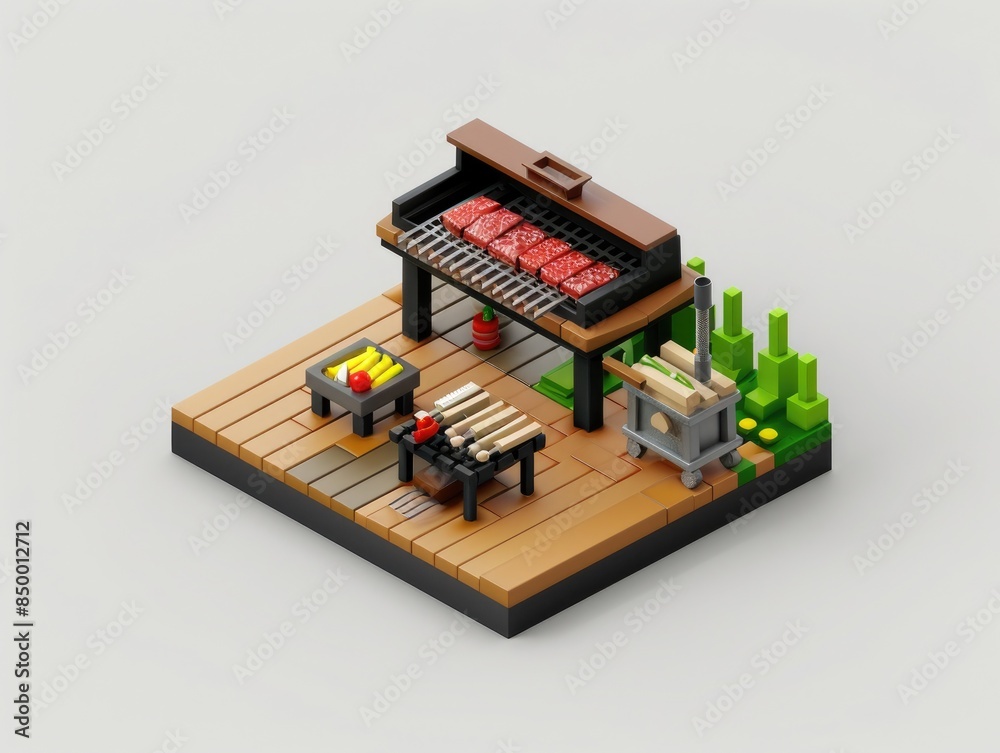 3D pixel art illustration of a BBQ grill with red hot steaks, outdoor cooking setup with tools and plants on a wooden deck. 3D pixel art illustration of a BBQ grill with red hot steaks, outdoor cooking setup with tools and plants on a wooden deck.
