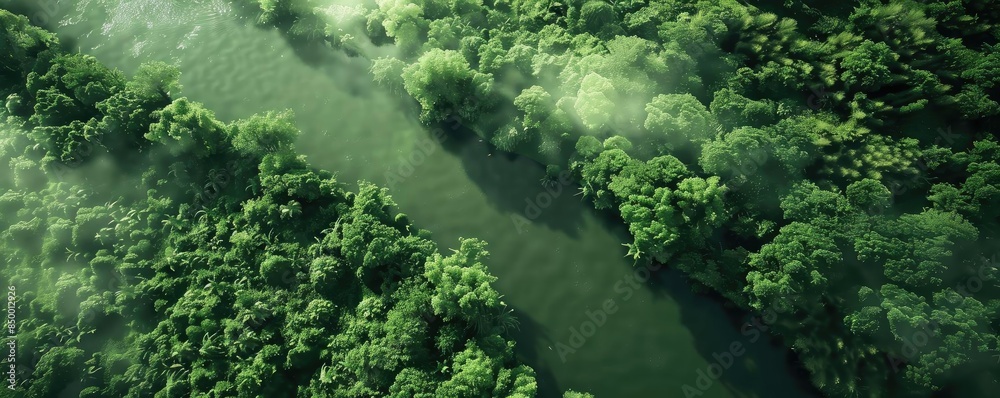 Aerial view of lush green forest with a winding river and mist, showcasing the beauty of nature and serenity of the wilderness. Aerial view of lush green forest with a winding river and mist, showcasing the beauty of nature and serenity of the wilderness.