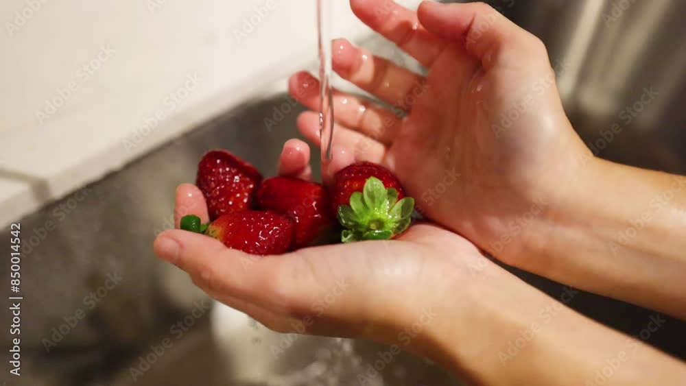 Washing Strawberries Under Running Water Washing Strawberries Under Running Water
