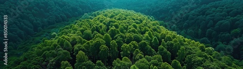 Aerial view of a lush green forest covering a hilly landscape, highlighting the beauty and tranquility of nature during the summer season. © Tin