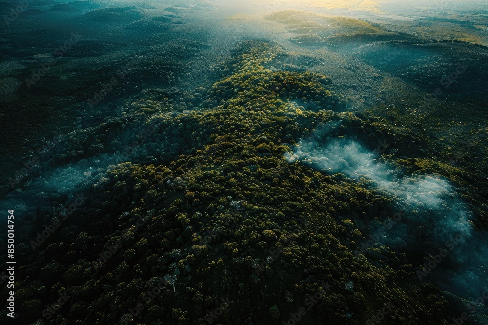 Aerial view of a lush, green forest enveloped in morning mist with sunlight breaking through, highlighting the natural landscape and peaceful ambiance. Aerial view of a lush, green forest enveloped in morning mist with sunlight breaking through, highlighting the natural landscape and peaceful ambiance.