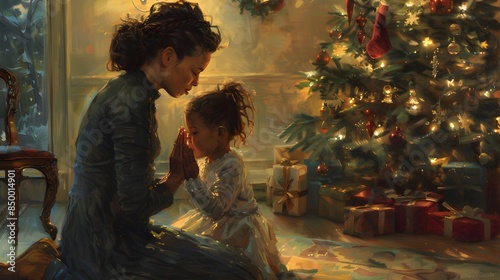 family, winter holidays and people concept - happy mother and little daughter decorating christmas tree at home. 