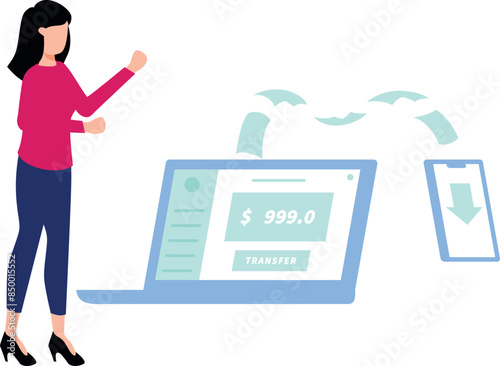 A girl is transferring money from laptop to mobile.