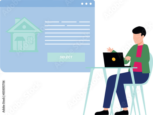 Boy is choosing house online on laptop.