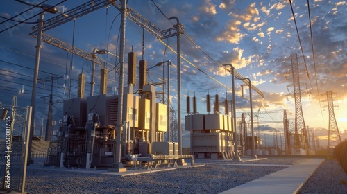 Create an image of a step-up substation at a power generation site, with towering transformers and humming electrical equipment against a backdrop of industrial machinery 