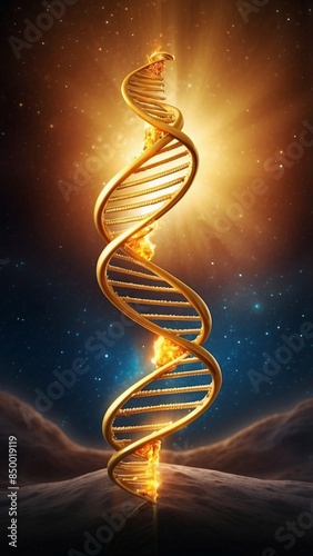 Golden DNA on cosmic background, fantasy scene