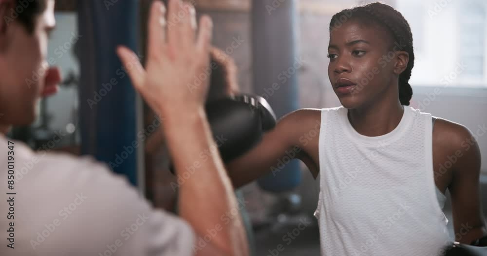 Gym, boxing and coach with woman for training, exercise and learning to punch. Fitness center, female client and male personal trainer for supervision, teaching and motivation for beginner boxer Gym, boxing and coach with woman for training, exercise and learning to punch. Fitness center, female client and male personal trainer for supervision, teaching and motivation for beginner boxer
