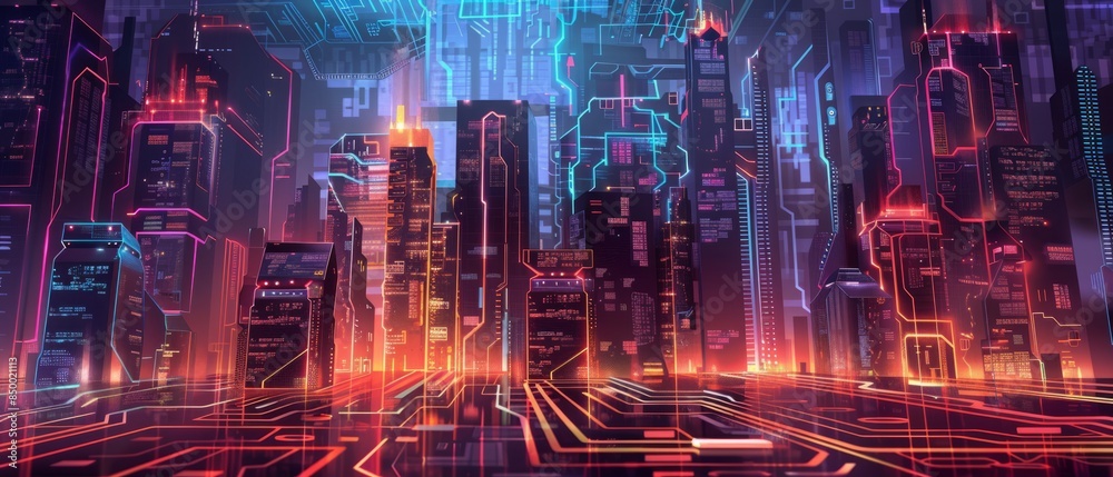 Naklejka premium Modern futuristic digital circuit city building background. 