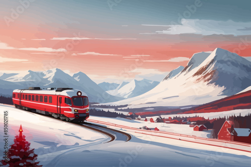 Norwegian landscape with red train illustration