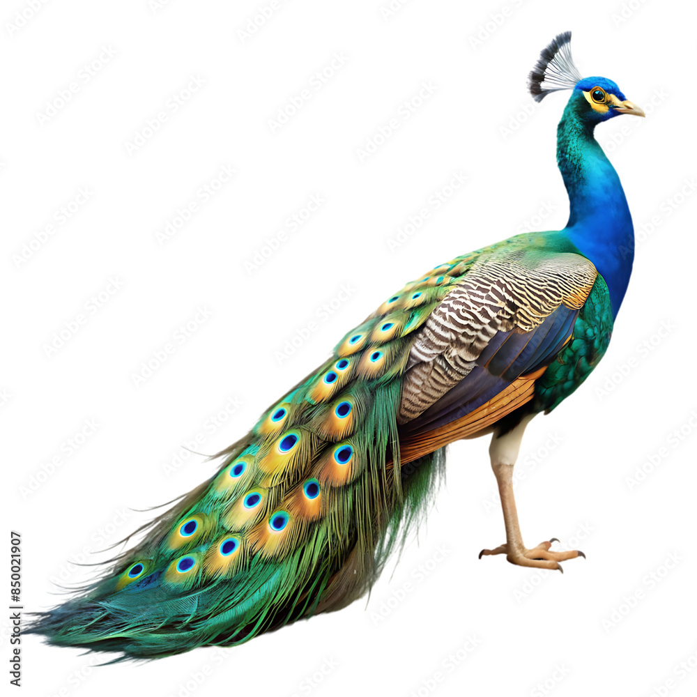 Fototapeta premium side view of peacock isolated transparent background