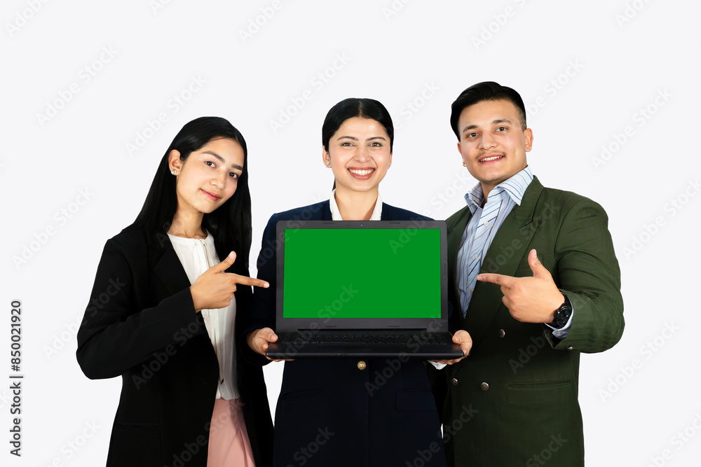 Business man and business woman working in green screen laptop showing gestures and expressions Business man and business woman working in green screen laptop showing gestures and expressions