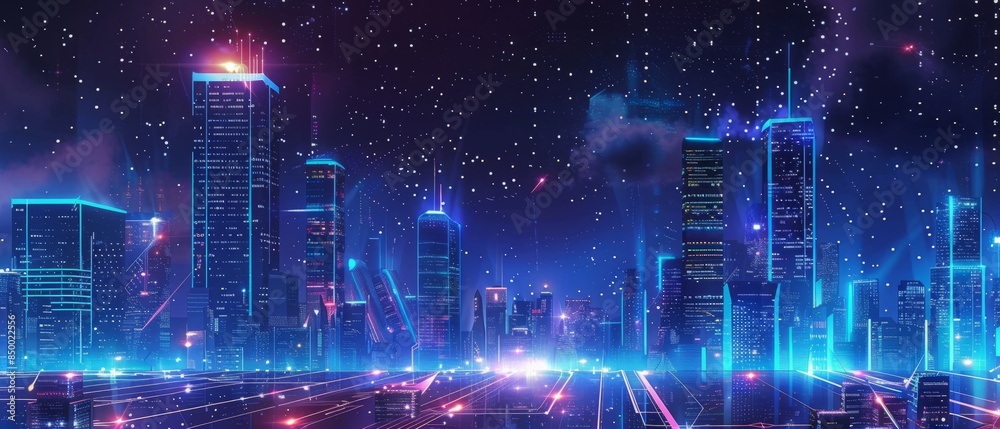 Fototapeta premium Modern futuristic digital circuit city building background.