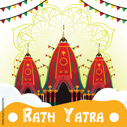 vector illustration of Rath Yatra Chariot Festival of Hindu God Lord Jagannath celebrated in Odisha India. Lord Jagannath, Balabhadra Subhadra. background, template, holidays, banner, poster events. photo