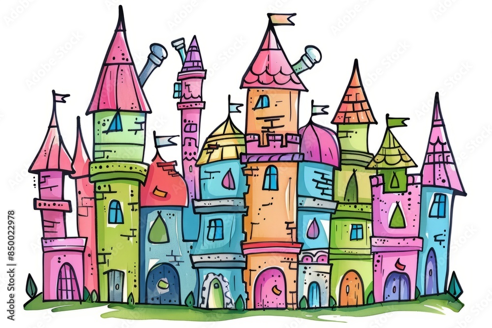 Cartoon cute doodles of a fantasy castle built with twisting spiral cubes, Generative AI Cartoon cute doodles of a fantasy castle built with twisting spiral cubes, Generative AI
