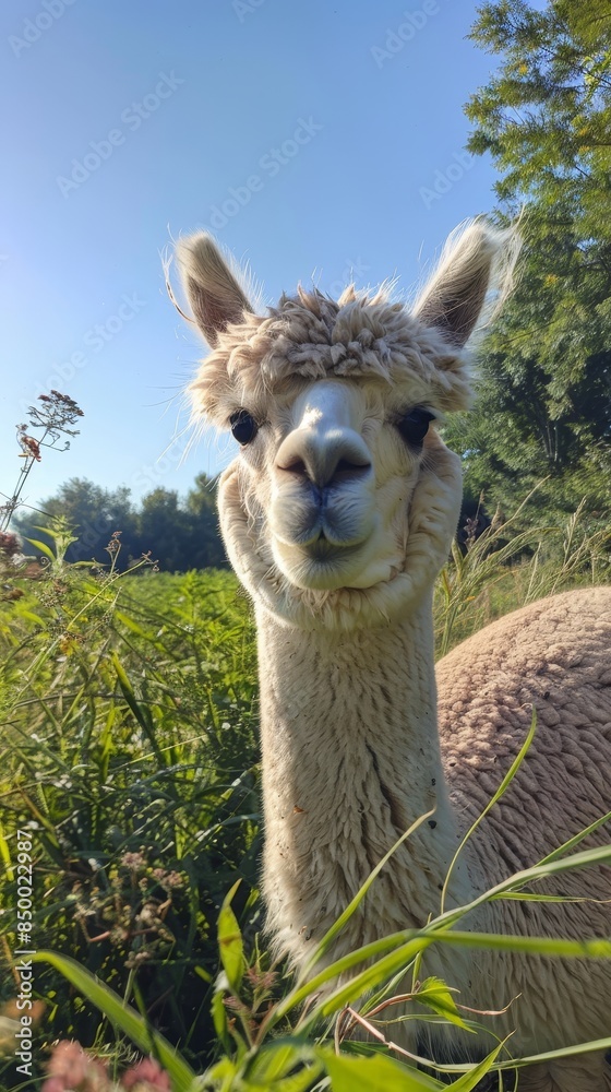 Obraz premium Alpaca closeup with greenery all around, sunlit wool, clear sky adding to the serene atmosphere