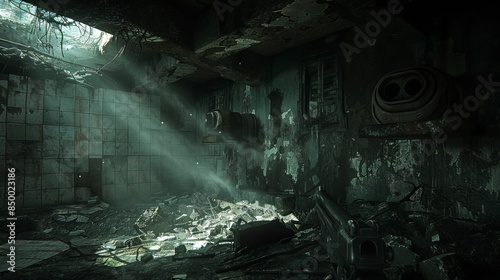 An eerie bunker setting, a gun half-buried in dirt and debris, the walls covered in peeling paint and mold, faint sunlight filtering through broken vents, creating a haunting glow photo