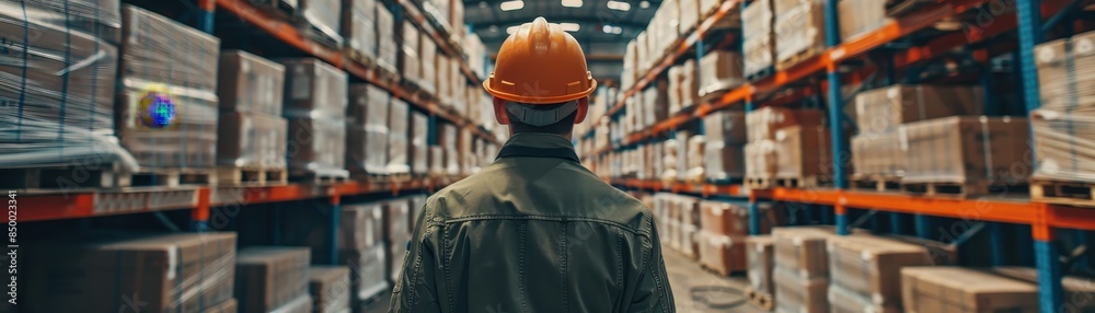 A man in a hard hat stands confidently amidst stacks of cargo in a warehouse A man in a hard hat stands confidently amidst stacks of cargo in a warehouse