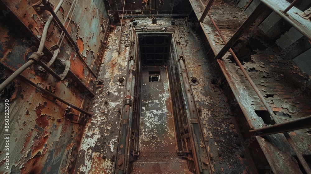 Ancient, rusted elevator shaft in an abandoned building, with crumbling walls and exposed wires, capturing the eerie silence and decay Ancient, rusted elevator shaft in an abandoned building, with crumbling walls and exposed wires, capturing the eerie silence and decay