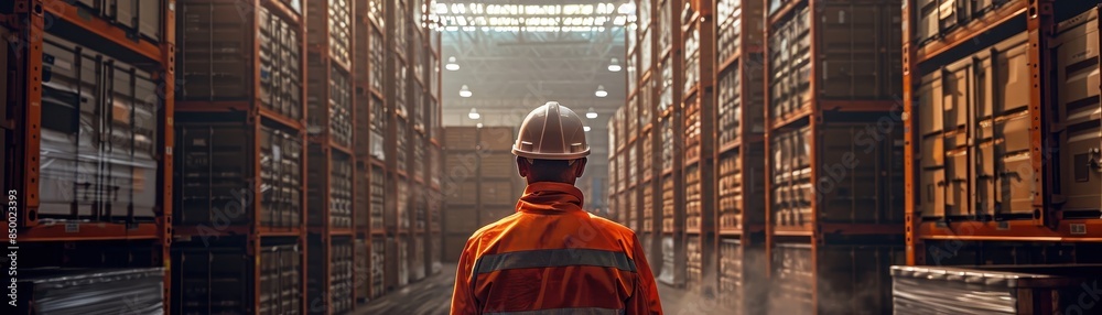 A man in a hard hat stands confidently amidst stacks of cargo in a warehouse A man in a hard hat stands confidently amidst stacks of cargo in a warehouse