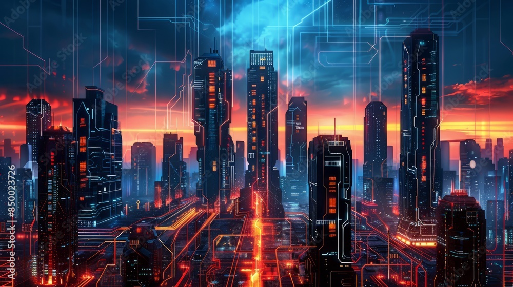 Fototapeta premium Modern futuristic digital circuit city building background.