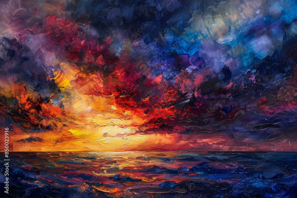 Dramatic sunset over ocean, featuring deep blue and purple clouds with ...