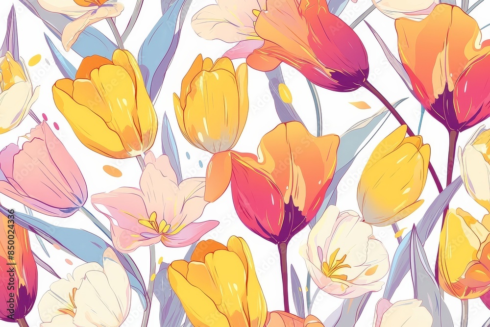 Obraz premium Tulip Symphony: Seamless Pattern of Vibrant Blooms Swaying in a Field
