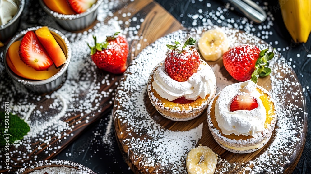 Obraz premium Mini cakes with fresh strawberries and whipped cream on wooden board